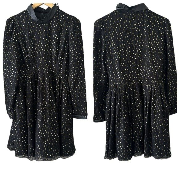 Jill Stuart Silk Dress 6 Black Gold Polka Dot Leather Trim Long Sleeve - Picture 1 of 12